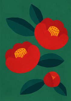 two red flowers on a green background