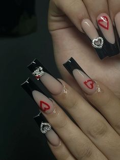 Black Hello Kitty Nails Acrylic, Nails Acrylic Hello Kitty Long, Valentine’s Day Black Nails, Red And Black Acrylic Nails Designs Ideas, Valentine Hello Kitty Nails, Red Hello Kitty Nails Acrylic, Red And Black Hello Kitty Nails, Black V Day Nails, Black Valintens Nails