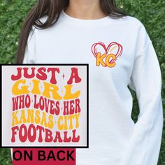 KC Football Sweatshirt is the perfect gift for her for her birthday or Christmas! T-shirt: This is made with the Bella & Canvas 3001 classic unisex jersey short sleeve tee.  It fits like a well-loved favorite, soft cotton and quality print make users fall in love with it over and over again. These t-shirts have-ribbed knit collars to bolster shaping. The shoulders have taping for better fit over time. Dual side seams hold the garment's shape for longer.  .: 100% Airlume combed and ringspun cotto Pop Culture Sweatshirt With Letter Print For Fans, Pop Culture Letter Print Sweatshirt For Fans, Pop Culture Letter Print Sweatshirt Fan Merchandise, Football Shirt Women, Kc Football, Kansas City Football, Cheer Girl, Heart Hoodie, Football Sweatshirt