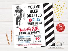 this is an image of a birthday party with football player on the front and black and white stripes