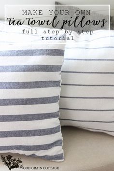 two striped pillows sitting on top of a white couch with text overlay that reads make your own tattered pillow full step by step