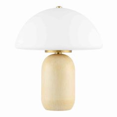 a white and gold table lamp with a wooden base on an isolated white background,