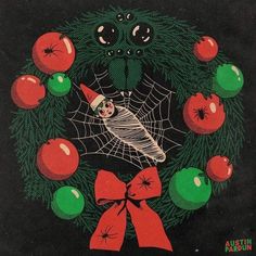 an image of a wreath with apples and a bird on it, surrounded by spider webs