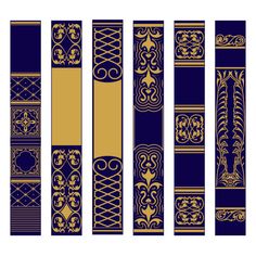 four different types of blue and gold bookmarks with decorative designs on the front, back and