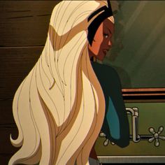 an animated image of a woman with long white hair standing in front of a mirror