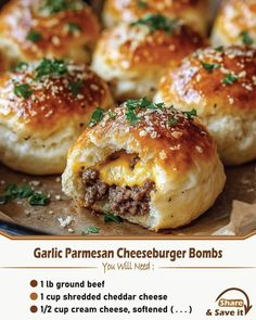 Homemade Recipes | Garlic Parmesan Cheeseburger Bombs | Facebook Food For A Week, Hospital Food, Gordon Ramsay Recipe, Shredded Cheddar Cheese, Grandmas Recipes, Beef Recipes Easy, Garlic Parmesan, Crockpot Recipes Easy, Meat Dishes