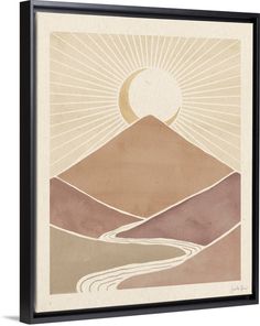 an abstract landscape with mountains and a sun in the background framed canvas wall art print