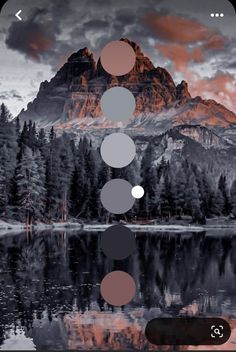 an image of mountains and trees in the background with circles above them that are colored