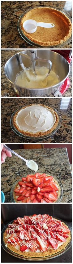 the steps to make strawberry pie with whipped cream and strawberries on top are shown