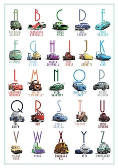 the cars are all in different colors and font styles, including letters that appear to be from