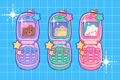 three cell phones with cartoon characters on them, one is pink and the other is blue