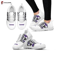 women's white sneakers with purple and black cats on them, both side by side