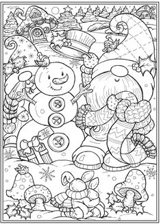 a snowman coloring page for adults and children with winter scenes in the background, black and white