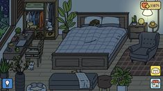 an animated bedroom is shown with furniture and items on the floor, including a bed