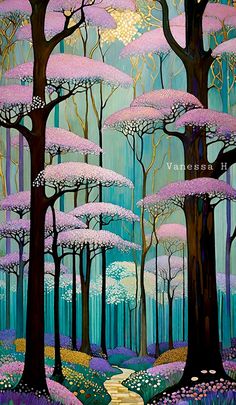 a painting of trees and flowers in the woods