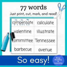 a poster with words and scissors on it that say, 7 words just print, cut, mark, and read