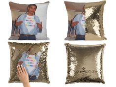 four sequin pillow cases with the same photo on them, and one being held up by someone's hand