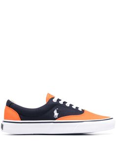 navy blue/carrot orange colour-block panelled design signature Polo Pony motif embroidered logo to the side front lace-up fastening round toe flat rubber sole Pony Sneakers, Blue Carrot, Polo Pony, Formal Loafers, Orange Colour, Crossbody Tote Bag, Crossbody Tote, Colour Block, Boot Sandals