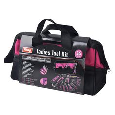 the ladies's tool kit is packed in a black bag with pink trimmings