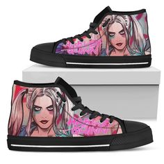 Harley Quinn Sneakers High Top Shoes Fan Gift-Gear Wanta Harley Quinn Shoes, Sneakers High Top, Unique Halloween Costumes, Black High Tops, Mens High Tops, High Top Vans, Boots And Sneakers, High Top Shoes, Dinosaur Print