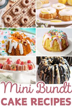 there are many different cakes and desserts on the table with text overlay that reads, mini bundt cake recipes