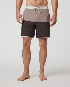 Built like everyday shorts and partially made with recycled plastic bottles, the Cruise Boardshorts are your best piece to transition from water to life. With a scalloped leg and high-performance fit, these boardshorts were made with a nod to our oceans. | Vuori Cruise Boardshort | Sangria Colorblock | 38 Vuori makes premium performance apparel inspired by the active Coastal California lifestyle; an integration of fitness, surf, sport, and art. Breaking down the boundaries of traditional activew Beachwear Color Block Nylon Bottoms, Recycled Polyester Beach Bottoms, Recycled Polyester Beach Shorts, Beach Shorts Made Of Recycled Polyester, Coastal California, California Lifestyle, California Coastal, Mens Boardshorts, Beach Look