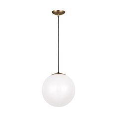 a white ball hanging from a brass plated ceiling light with an oval glass shade