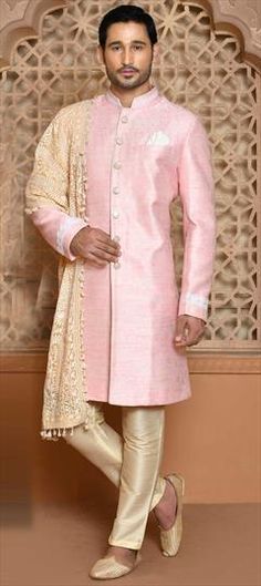 Pink and Majenta color Sherwani in Banarasi Silk fabric with Thread, Weaving work Luxury Pink Sherwani For Transitional Season, Luxury Pink Sherwani For Diwali, Luxury Pink Sherwani With Pallu, Thread Weaving, Sherwani, Silk Fabric, Weaving, Thread, Silk