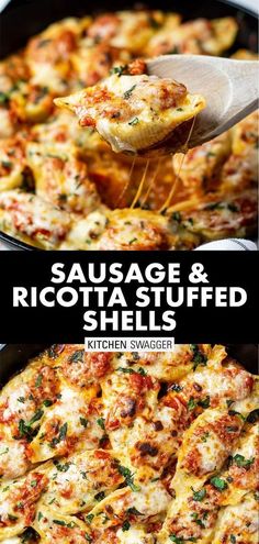 sausage and ricotta stuffed shells in a cast iron skillet