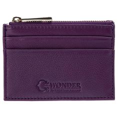 C. Wonder Genuine Leather Credit Card Wallet The perfect card case that will fit in any bag big or small. The slim design doesn't get too heavy and allows you to fit in small clutches with limited space. The genuine leather is a beautiful, soft leather that will only get better over time and use.  The shiny gold hardware gives the bag a trendy look.  It also has 2 credit card slots and an ID window for easy access to your ID. You never have to take it out of your wallet.  There's a main entry zipper pocket for coins and cash too. Cheap Purple Wallets For Everyday Use, Purple Wallets With Interior Card Slots Gift, Purple Wallet With Card Slots For Everyday Use, Purple Leather Rectangular Wallet, Leather Credit Card Wallet, Purple Rfid-blocking Travel Wallet, Small Clutch, Credit Card Wallet, Christian Siriano