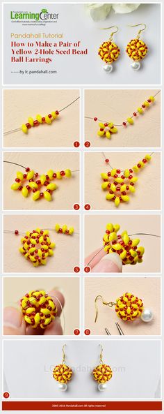 instructions to make beaded earrings with yellow and red beads on the ends, in different directions