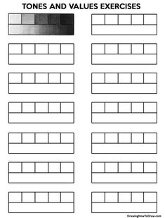 the worksheet for tone and value exercises is shown in black and white, which includes