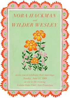 an orange and green wedding card with yellow flowers on the front, and pink border