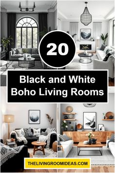 black and white living room with text overlay that reads 20 black and white boho living rooms