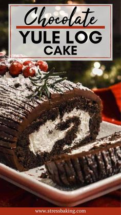 a chocolate yule log cake on a plate with the title overlaying it