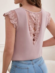 Rosa vieja Elegante Collar Manga capa Tela tricotada Liso Top Embellished No-Elástico Verano Tops & Blusas & Camisetas de Mujer Spaghetti Tops, Scallop Trim, Spring Fashion Outfits, Plain Tops, Women Blouses, Blouse Patterns, Women Tops