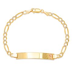 Signature Roberto Martinez designs made with imported Italian chain. Solid 14K Yellow and Rose gold Secure lobster claw clasp Your choice of design to personalize ID plaque dimensions are 1.45 inch long x .24 inch wide Average weight approximately 5.05 gr. Style # GB7379, GB7384, GB7381, GB7383 Elegant Gold Name Bracelet With Lobster Clasp, Personalized Yellow Gold Oval Link Jewelry, 14k Gold Figaro Chain Nameplate Jewelry, Personalized 14k Gold Link Jewelry, Personalized Oval Link Jewelry For Formal Occasions, 14k Gold Engraved Link Jewelry, Engraved 14k Gold Link Jewelry, 14k Gold Link Jewelry With Engraving, 14k Gold Rectangular Bracelet With Lobster Clasp