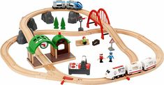 a toy train set with cars, trucks and people around it on a white background