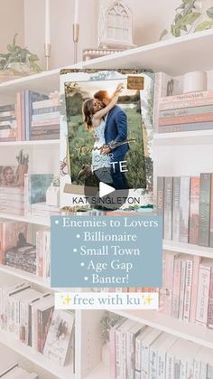 a couple kissing in front of bookshelves with text overlay