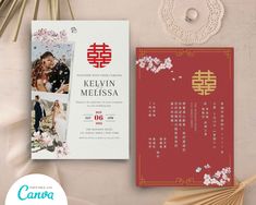 an image of wedding cards on display with flowers and bamboo fan next to it,