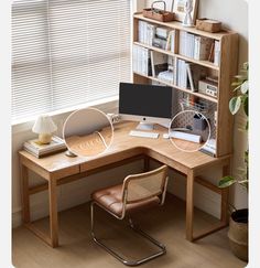 a corner desk with a computer on it in front of a bookshelf and window