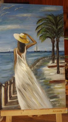 a painting of a woman in a white dress and straw hat looking out at the ocean