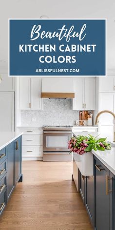 a beautiful kitchen with blue cabinets and white counter tops is featured in this postcard