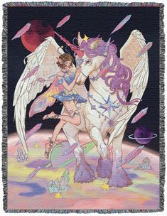 a tapestry with an angel and a unicorn on it