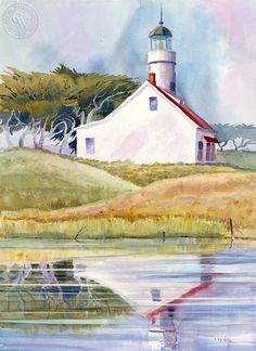 a watercolor painting of a white lighthouse on the coast with trees in the background