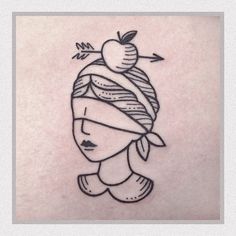 a drawing of a girl with an apple on her head