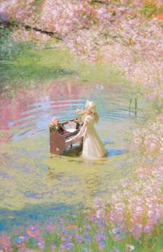 a woman in a white dress is on a small boat with flowers and water around her