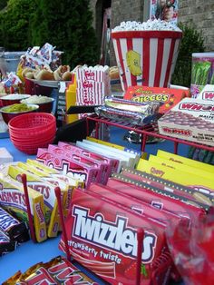 Make an authentic drive-in style snack bar with movie candy, popcorn, and other snacks.