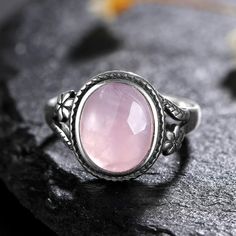 Rose Quartz 925 Sterling Silver Stone Oval Flower Ring | Green Witch Creations Silver Rose Quartz Jewelry With Birthstone, Silver Oval Rose Quartz Jewelry, Oval Rose Quartz Silver Jewelry, Sterling Silver Flower Ring With Gemstone And Oval Shape, Oval Sterling Silver Flower Ring With Gemstone, Men Party, Blue Sandstone, Rose Quartz Stone, Personalized Rings