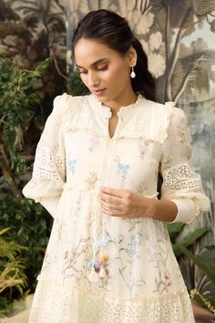 Off-white linen dress with floral hand screen printed motifs. - Aza Fashions Cream Dress With Chikankari Embroidery For Spring, Cream Chikankari Embroidery Dress For Spring, White Linen Dresses, Hand Screen Printed, In The Clouds, The Clouds, Dress For Women, Linen Dress, Floral Print Dress